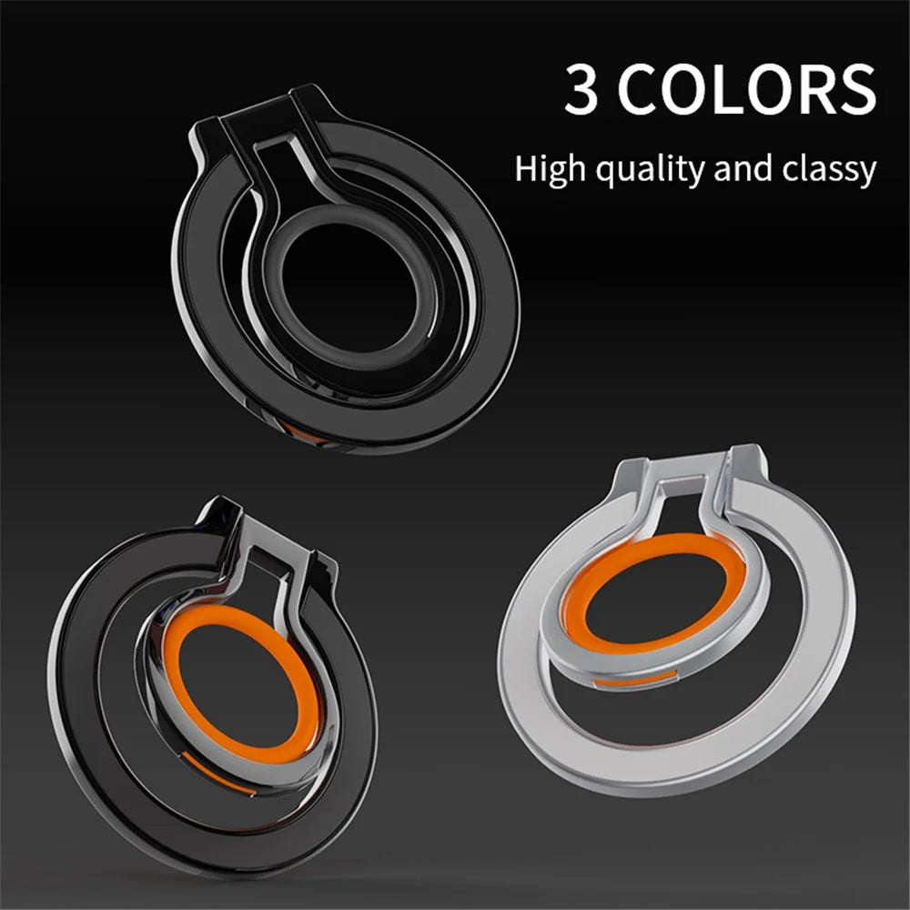 Zinc Alloy 360-Degree Rotating Magnetic Phone Ring Kickstand with Silicone Strap - Black / Black - 4