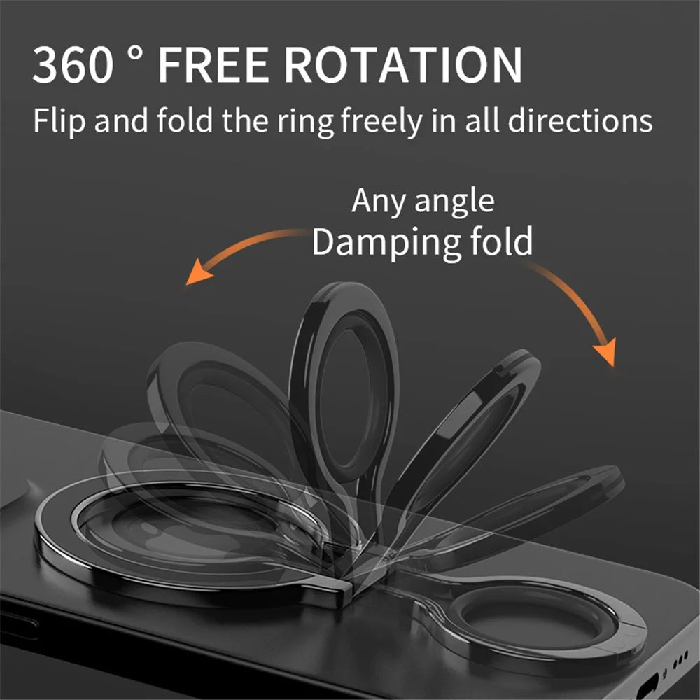 Zinc Alloy 360-Degree Rotating Magnetic Phone Ring Kickstand with Silicone Strap - Black / Black - 5
