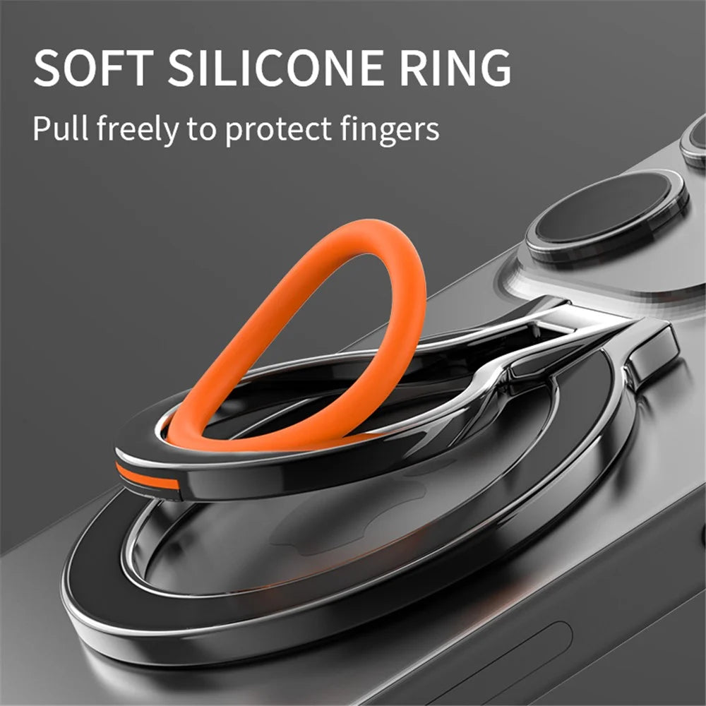Zinc Alloy 360-Degree Rotating Magnetic Phone Ring Kickstand with Silicone Strap - Black / Black - 6