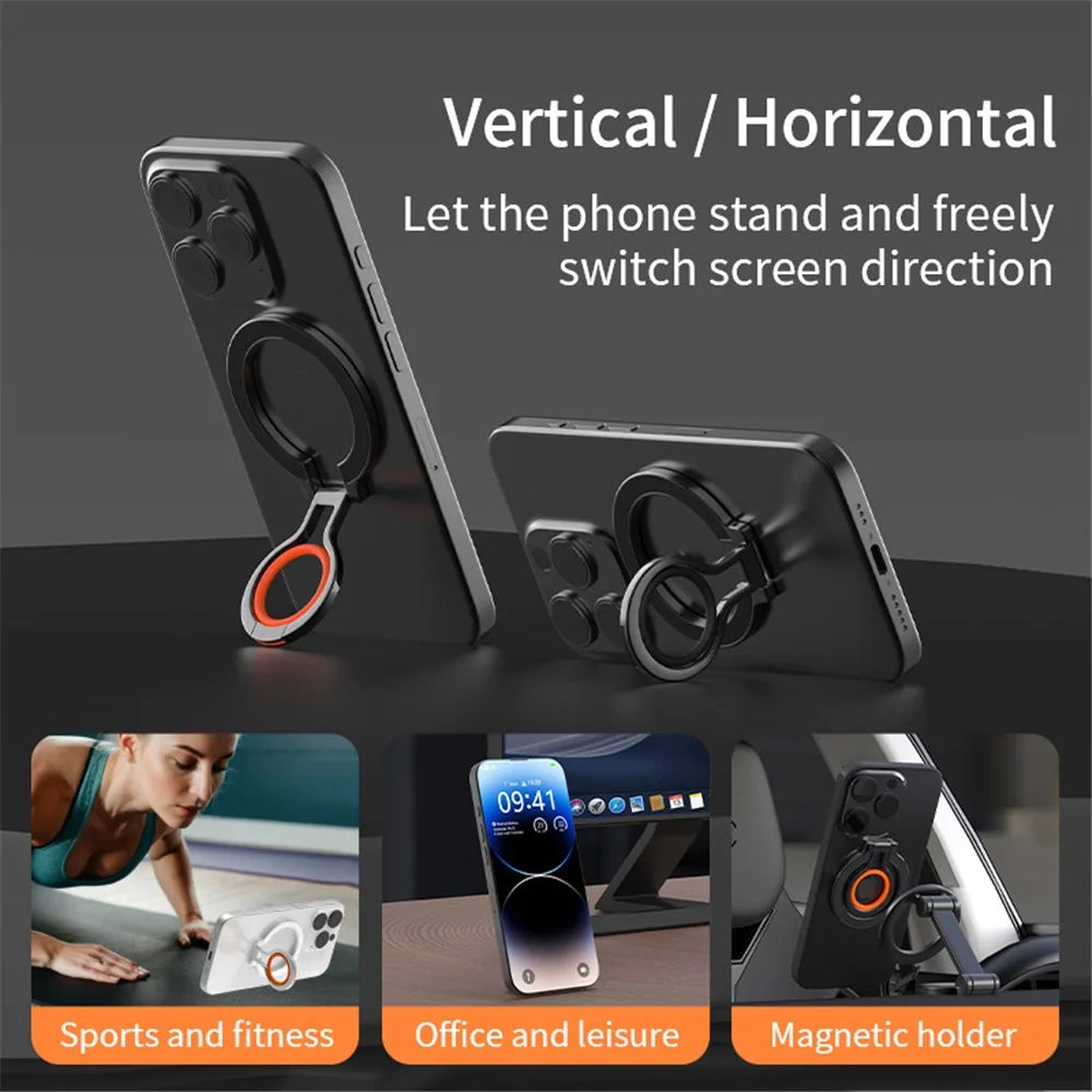 Zinc Alloy 360-Degree Rotating Magnetic Phone Ring Kickstand with Silicone Strap - Black / Black - 7