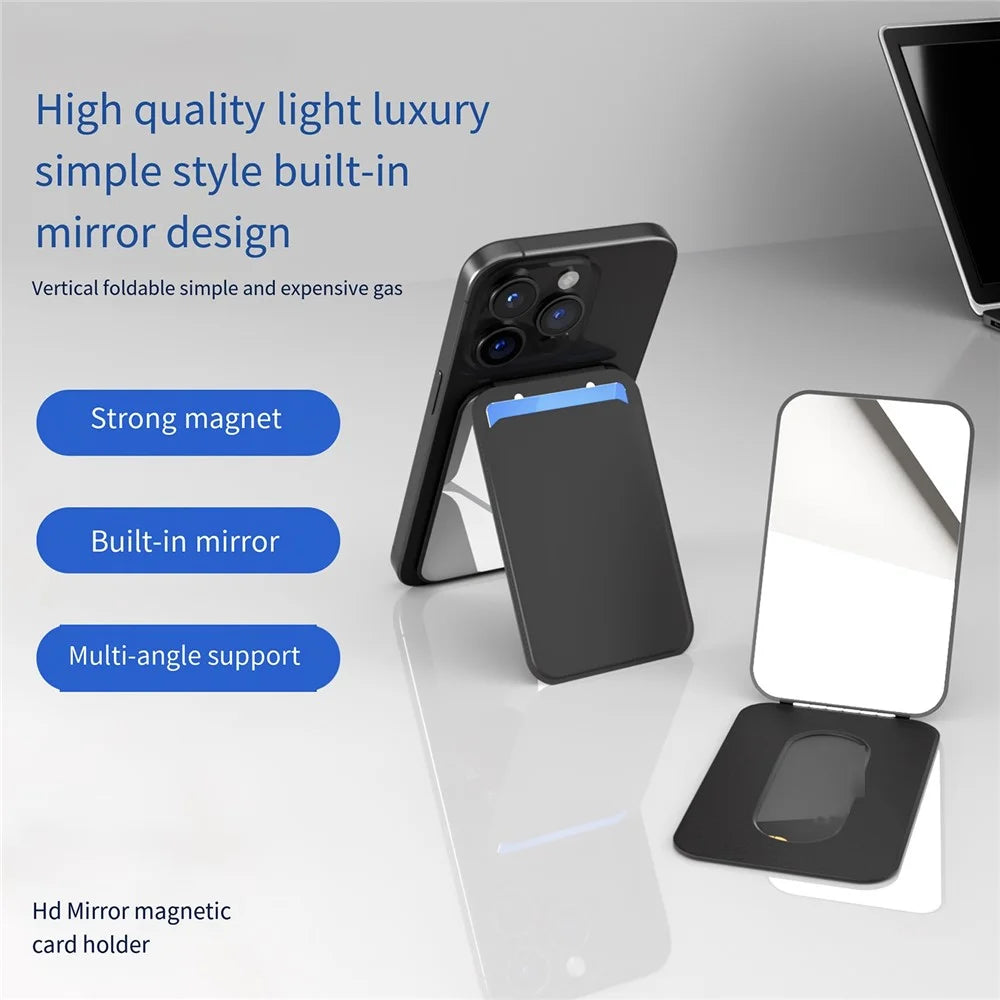 Magnetic Folding Phone Kickstand with Mirror, Lightweight Thin Cell Phone Stick on Card Holder - Black - 4