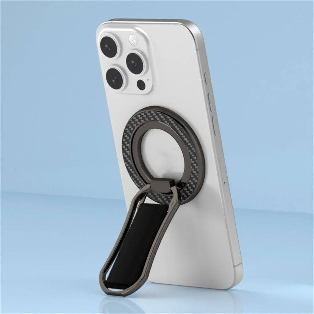 Carbon Fiber Pattern Magnetic Stand Ring Holder Foldable Rotatable Wrist Strap Bracket with Magnetic Pad - Black - 2