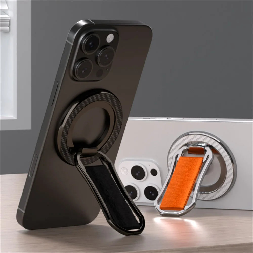 Carbon Fiber Pattern Magnetic Stand Ring Holder Foldable Rotatable Wrist Strap Bracket with Magnetic Pad - Black - 3