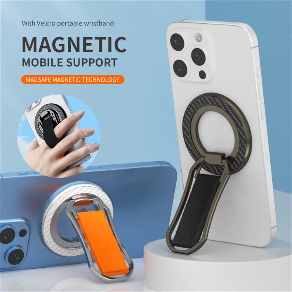 Carbon Fiber Pattern Magnetic Stand Ring Holder Foldable Rotatable Wrist Strap Bracket with Magnetic Pad - Black - 4