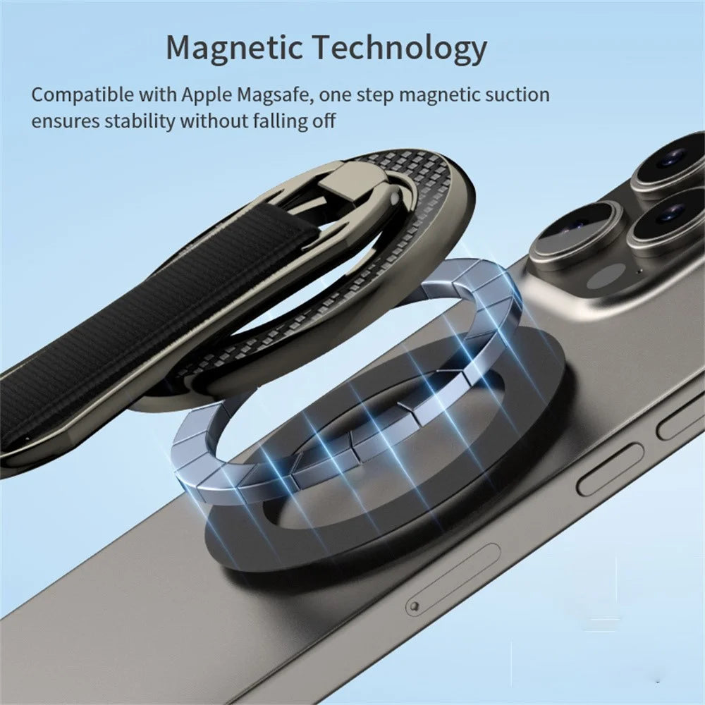Carbon Fiber Pattern Magnetic Stand Ring Holder Foldable Rotatable Wrist Strap Bracket with Magnetic Pad - Black - 5