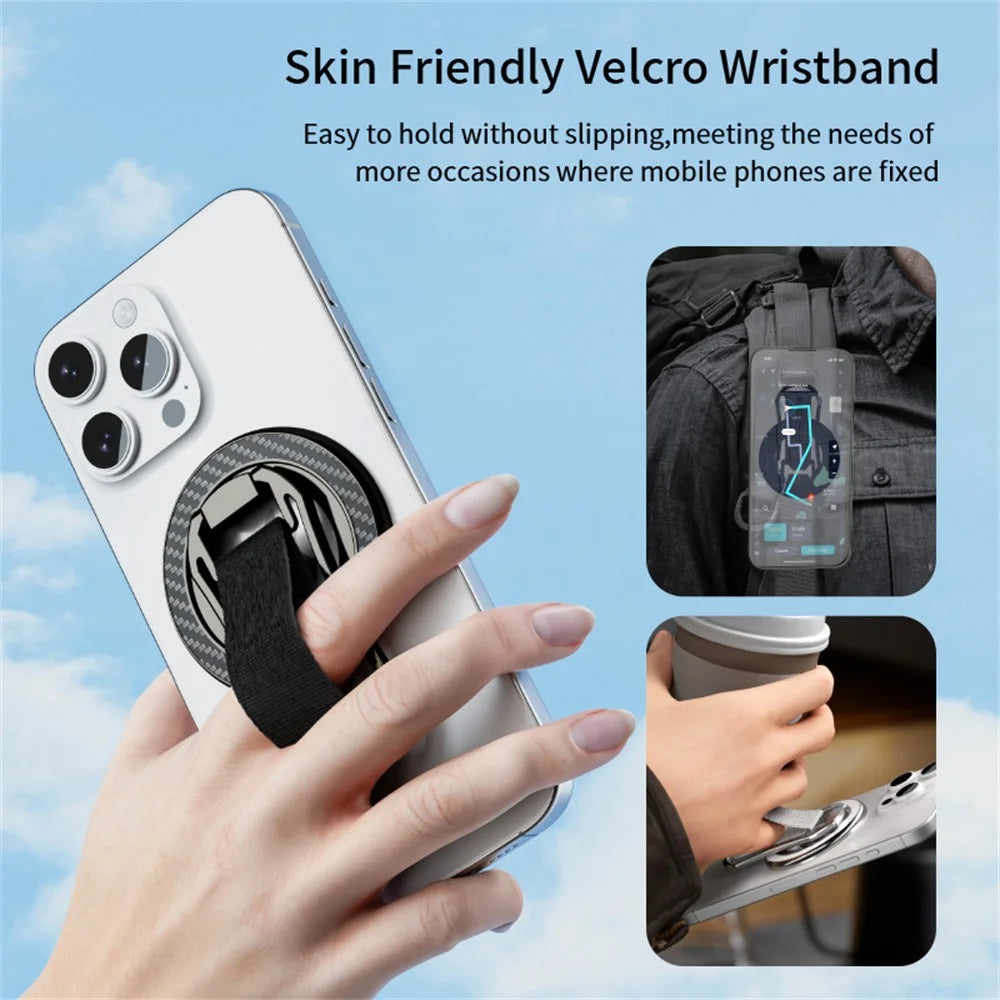 Carbon Fiber Pattern Magnetic Stand Ring Holder Foldable Rotatable Wrist Strap Bracket with Magnetic Pad - Black - 6