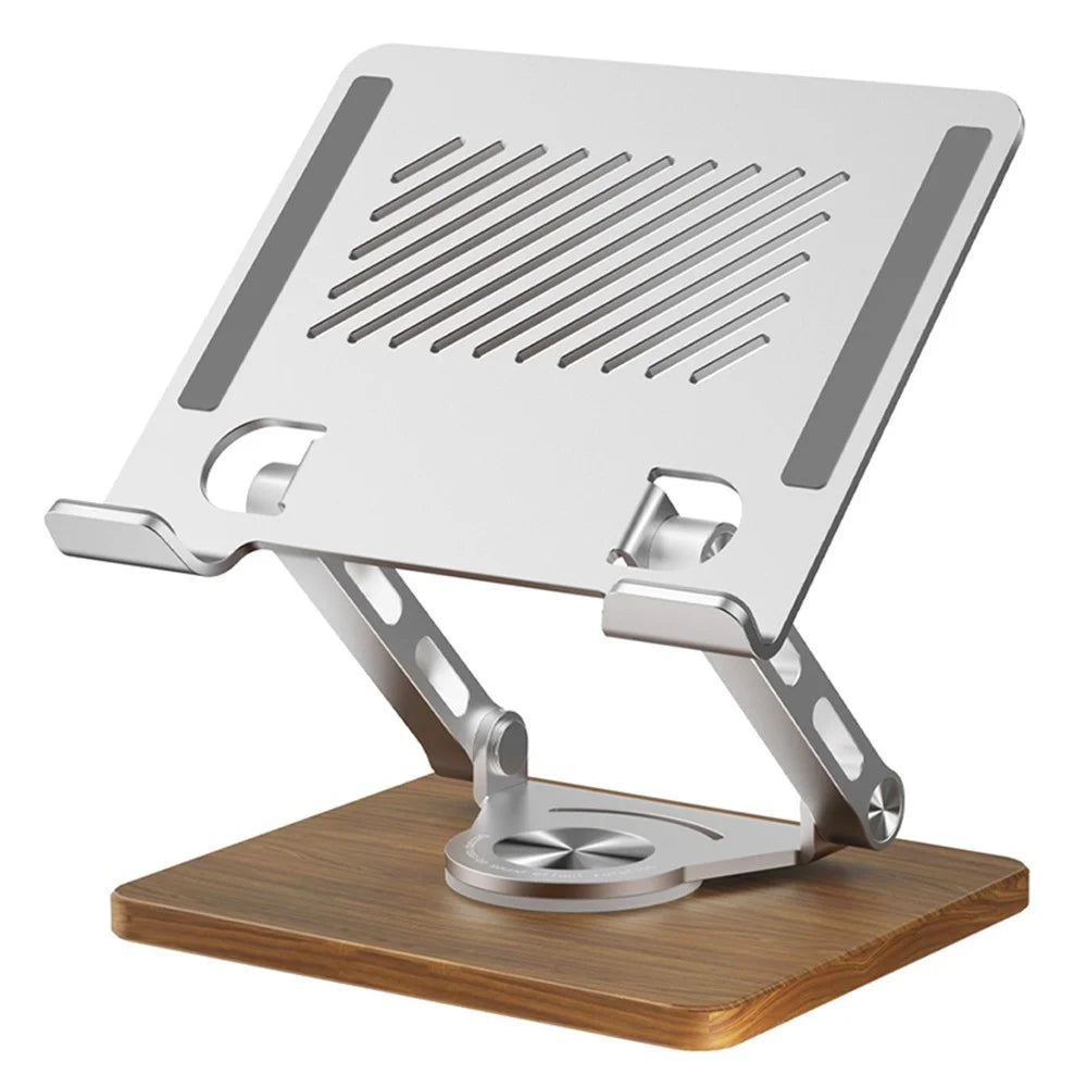 J27 Adjustable Tablets Laptops Cooling Stand Riser Wooden Base Metal Rotating Foldable Desktop Bracket - Silver - 1