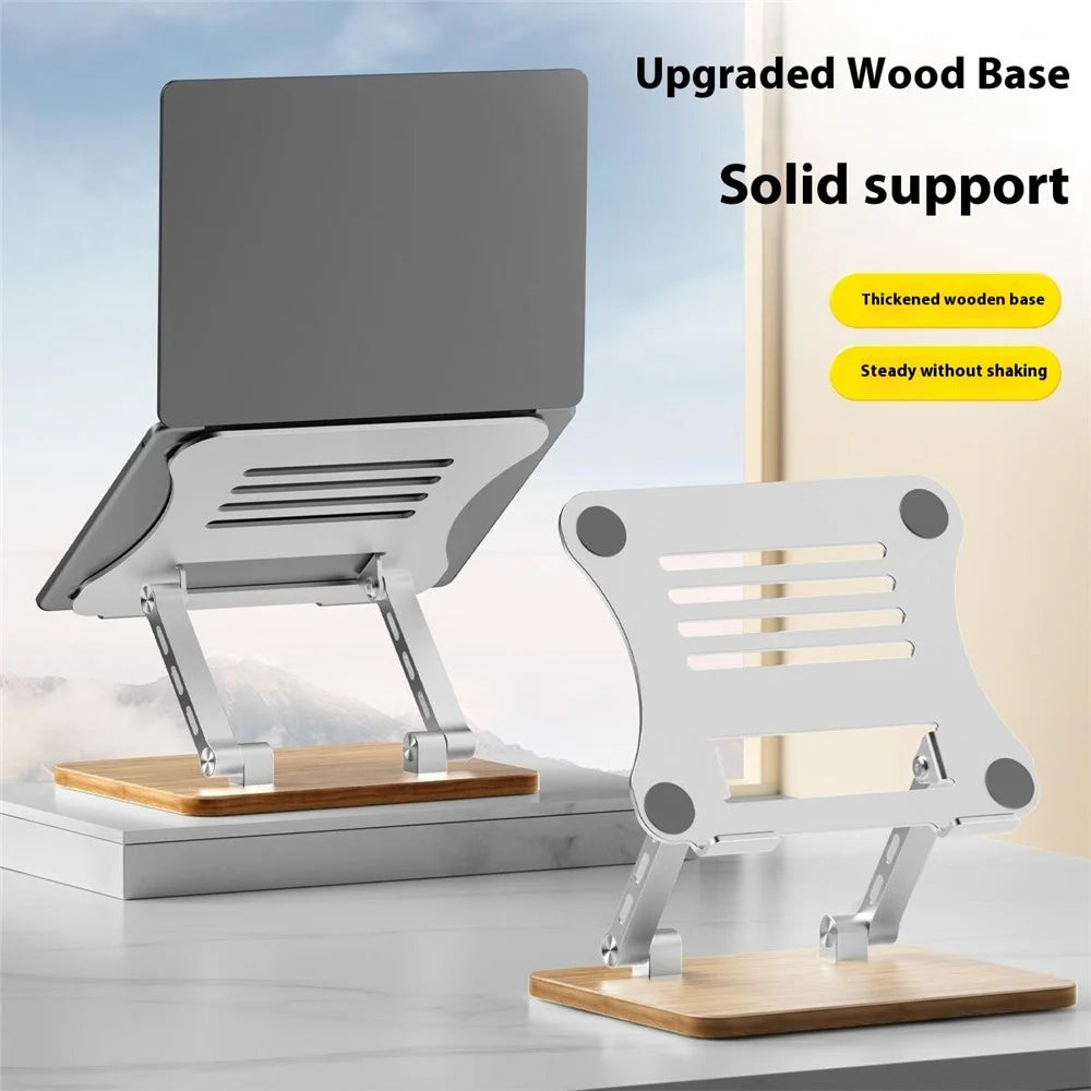 J32 Adjustable Laptop Stand Foldable Wood Base Metal Cooling Riser Desktop Bracket - Silver - 2