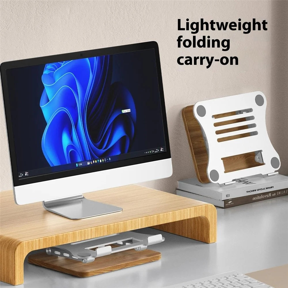J32 Adjustable Laptop Stand Foldable Wood Base Metal Cooling Riser Desktop Bracket - Silver - 7
