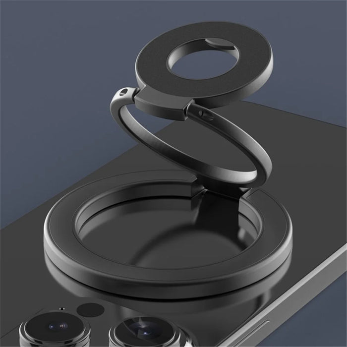 Tri-Fold Magnetic Kickstand Adjustable Angle Phone Metal Ring Holder - Black - 2