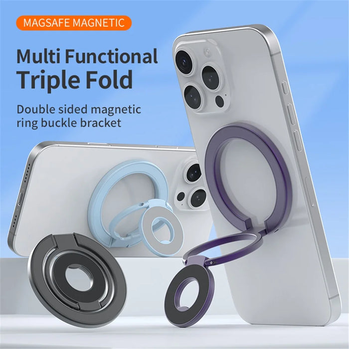 Tri-Fold Magnetic Kickstand Adjustable Angle Phone Metal Ring Holder - Black - 3