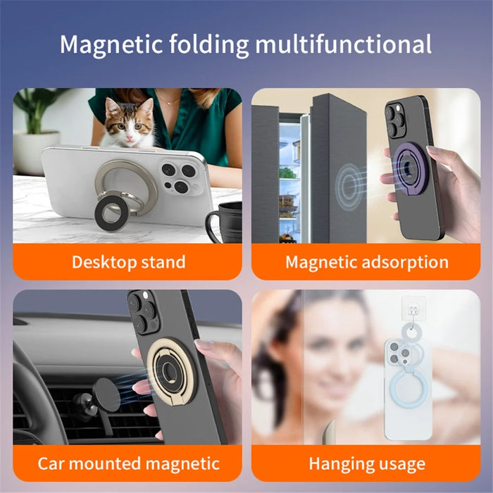 Tri-Fold Magnetic Kickstand Adjustable Angle Phone Metal Ring Holder - Black - 5