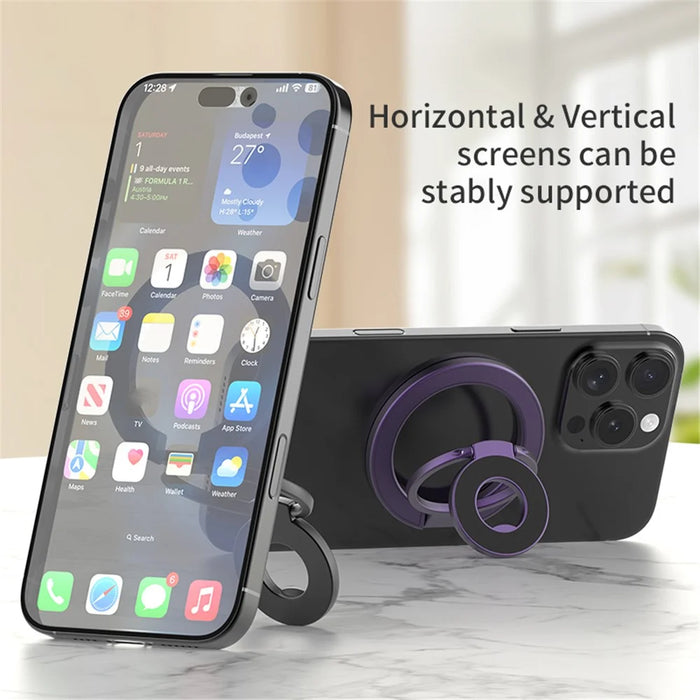 Tri-Fold Magnetic Kickstand Adjustable Angle Phone Metal Ring Holder - Black - 7