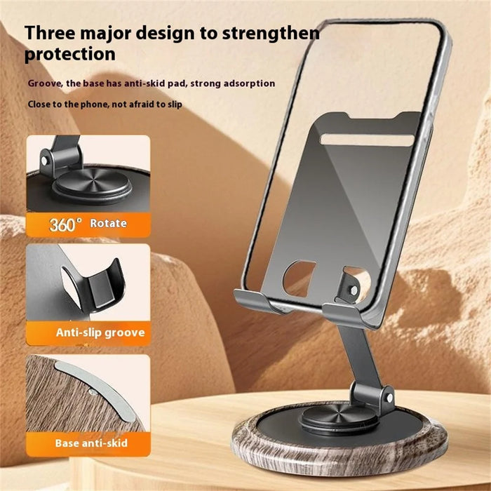 360° Rotating Foldable Phone Stand Desk Holder Wood Grain Base Universal Smartphone Support - 3