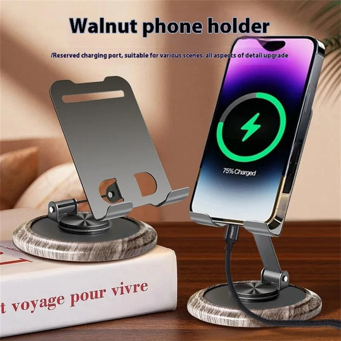 360° Rotating Foldable Phone Stand Desk Holder Wood Grain Base Universal Smartphone Support - 6