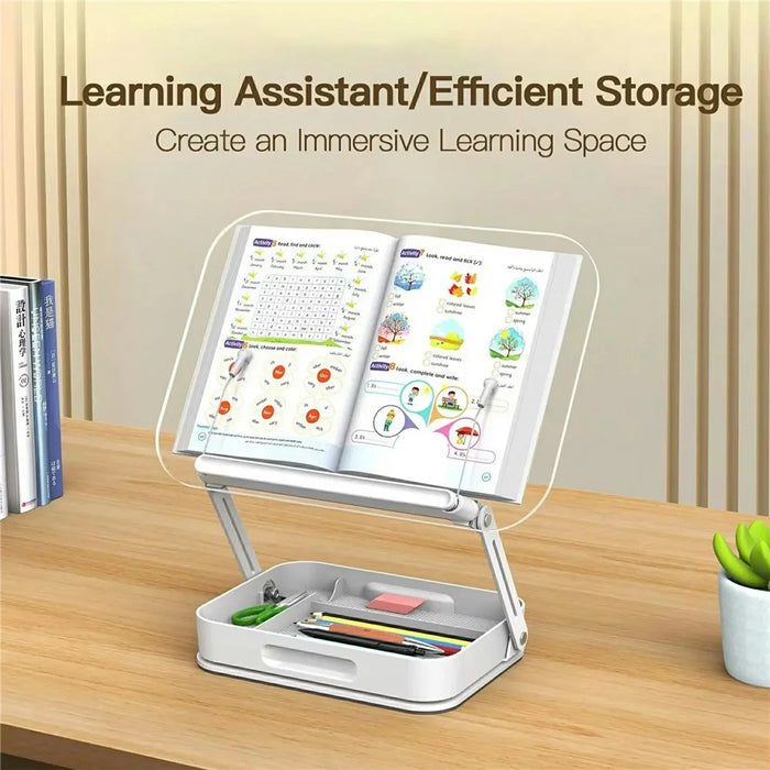 R22H Adjustable Rotating Laptop Tablet Book Holder Stand Foldable Reading Bracket with Bottom Storage Box - 2