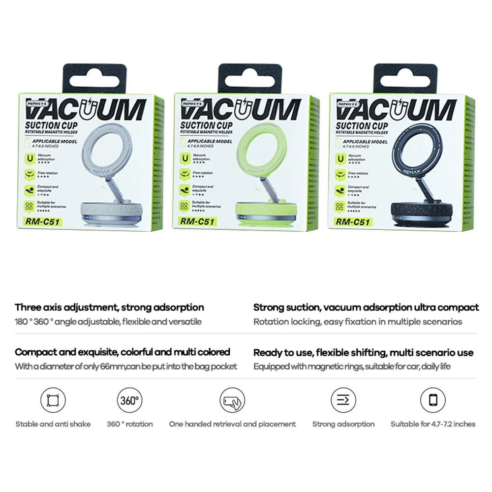 REMAX RM-C51 Multi-Function Vacuum Suction Cup Rotating Magnetic Phone Holder for Car Home Office Travel - Green - 3