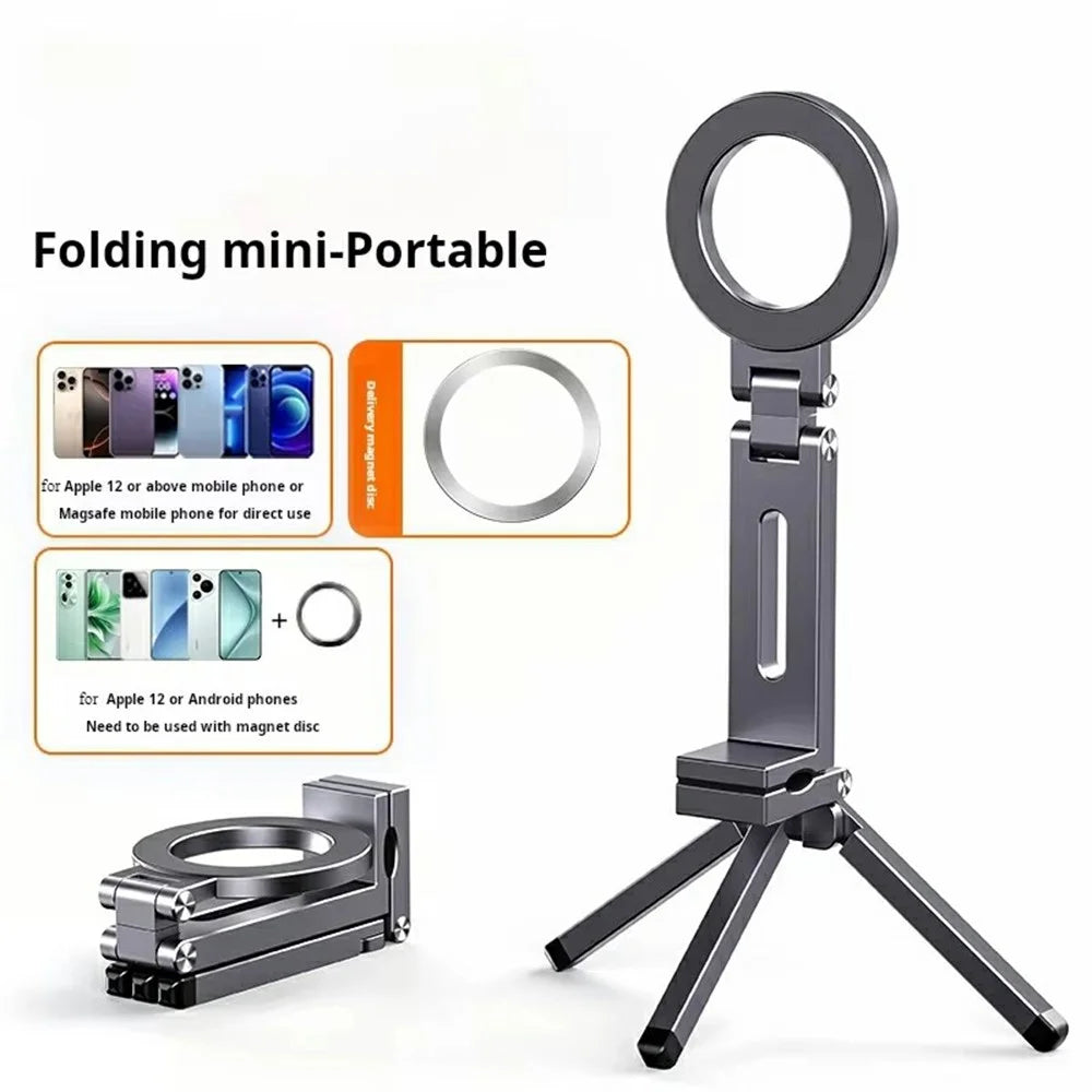 E01S Foldable Magnetic Phone Holder 360 Degree Rotation Clip On Travel Desktop Stand with Tripod - Grey - 4