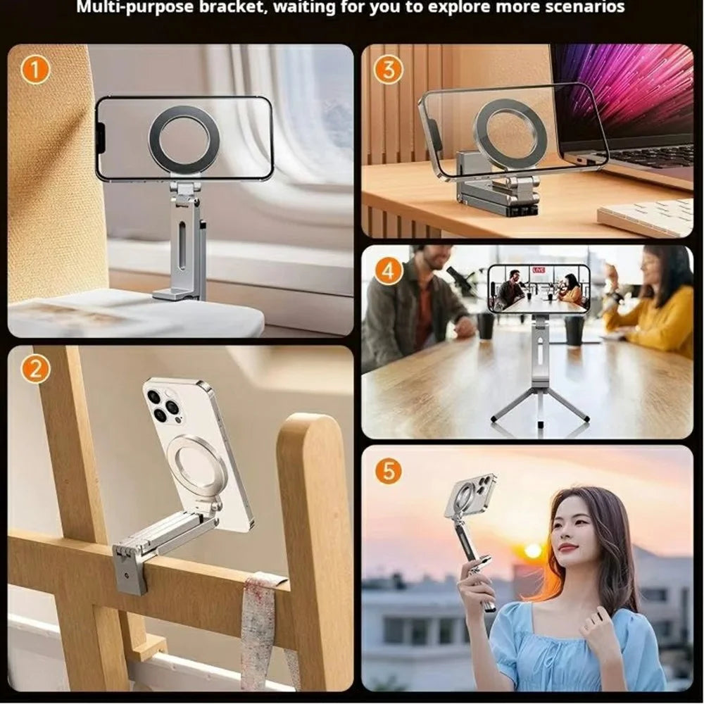 E01S Foldable Magnetic Phone Holder 360 Degree Rotation Clip On Travel Desktop Stand with Tripod - Grey - 7