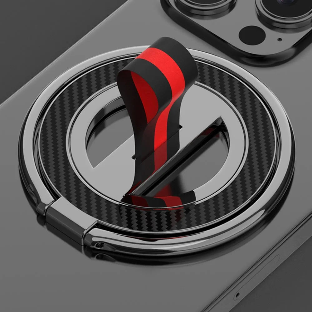 Carbon Fiber Texture Ring Kickstand 360 Degree Rotation Magnetic Phone Holder - Black  /  Black Red - 2