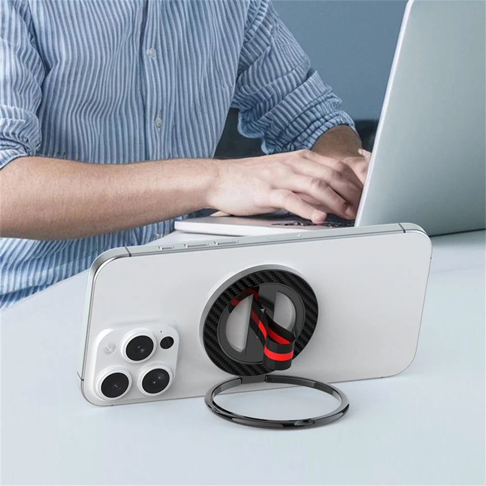 Carbon Fiber Texture Ring Kickstand 360 Degree Rotation Magnetic Phone Holder - Black  /  Black Red - 3