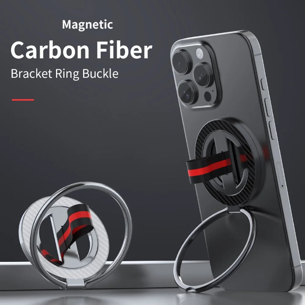 Carbon Fiber Texture Ring Kickstand 360 Degree Rotation Magnetic Phone Holder - Black  /  Black Red - 4