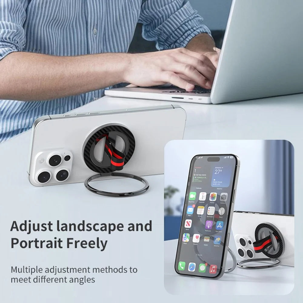 Carbon Fiber Texture Ring Kickstand 360 Degree Rotation Magnetic Phone Holder - Black  /  Black Red - 7
