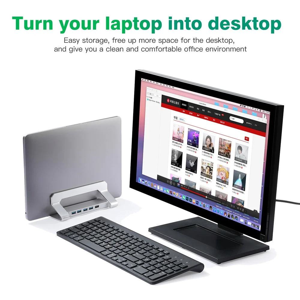 D051-3 Vertical Laptop Stand USB Hub Space Saving Notebook Holder Desktop Bracket with 4 USB Ports - 2
