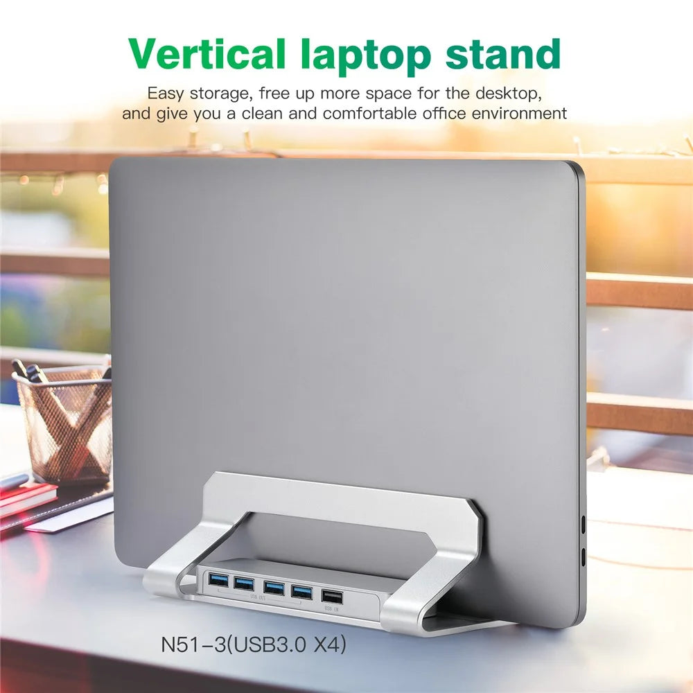 D051-3 Vertical Laptop Stand USB Hub Space Saving Notebook Holder Desktop Bracket with 4 USB Ports - 6