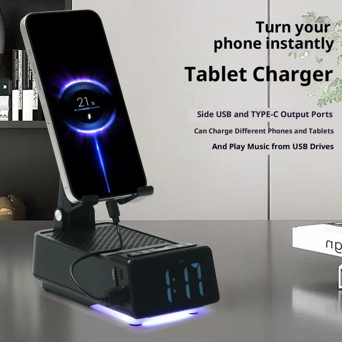 F30 Smartphone Stand Speaker LED Night Light Bluetooth-Compatible Foldable Desk Holder with Clock Ambient Lighting - Black/Foldable - 3