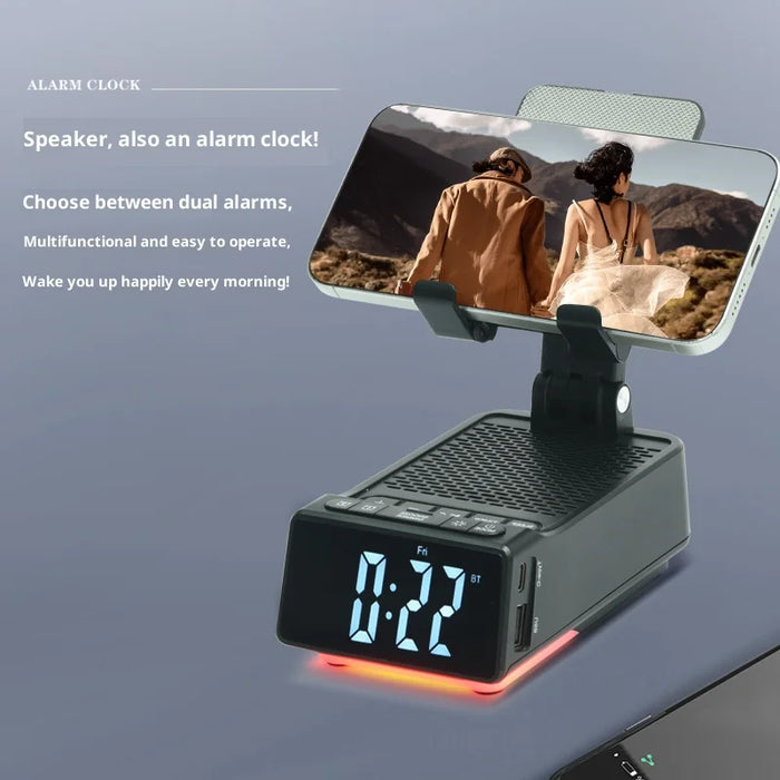 F30 Smartphone Stand Speaker LED Night Light Bluetooth-Compatible Foldable Desk Holder with Clock Ambient Lighting - Black/Foldable - 4