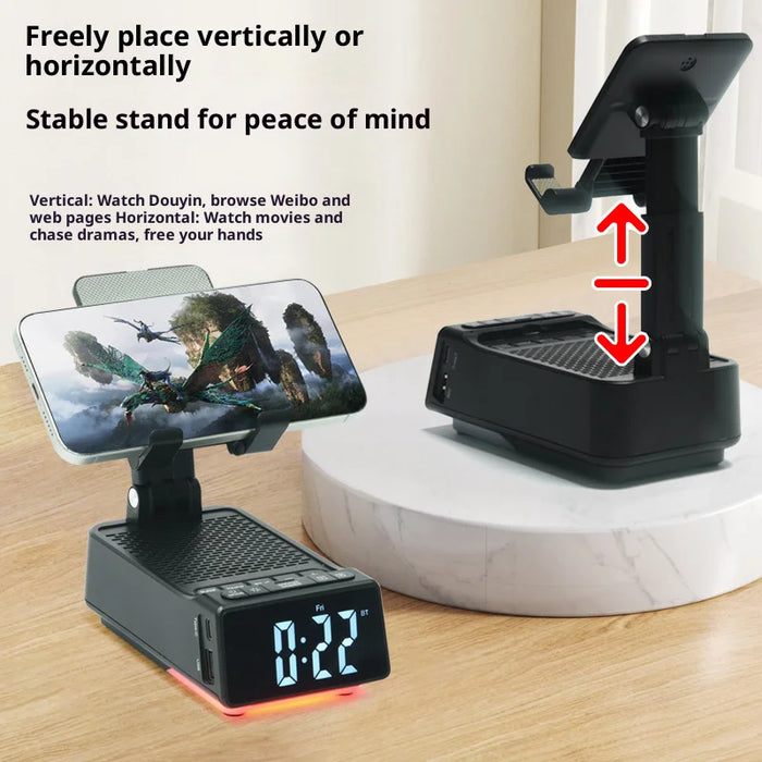 F30 Smartphone Stand Speaker LED Night Light Bluetooth-Compatible Foldable Desk Holder with Clock Ambient Lighting - Black/Foldable - 5