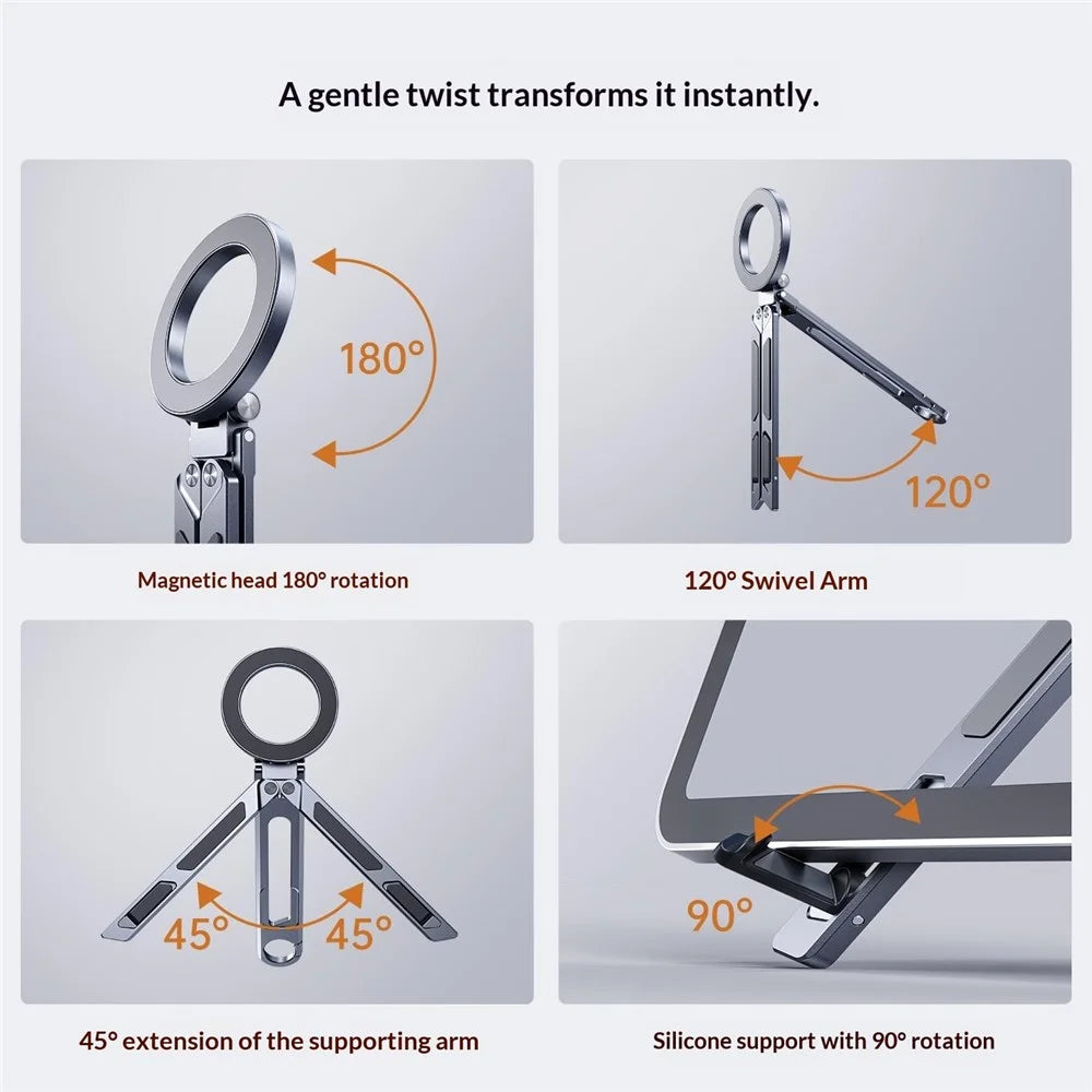 E12 Aluminum Alloy Portable Stand Magnetic Phone Holder Foldable Tablet Stand for Travel  /  Office  /  Self-Portrait - Grey - 5