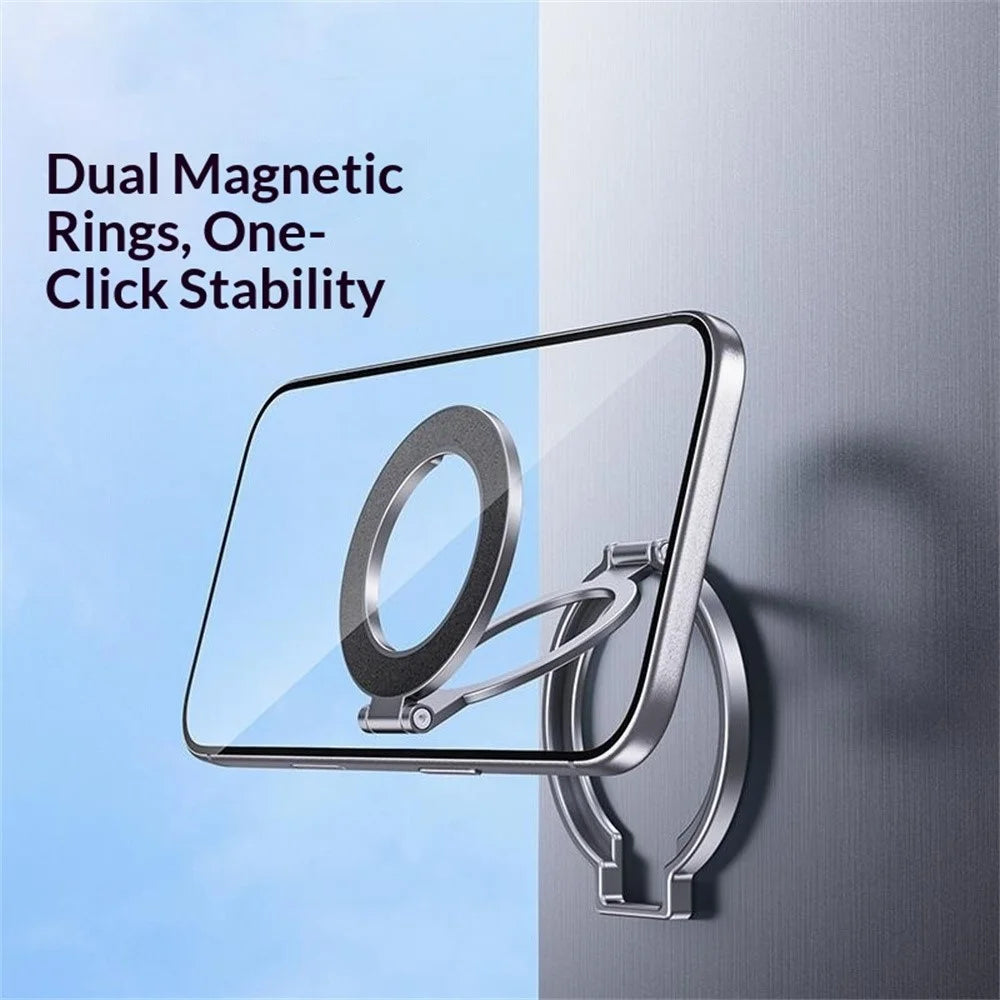 T15S Rotating Phone Stand 360-Degree Foldable Ring Holder Aluminum Alloy Dual Magnetic Desktop Mount - Grey - 2