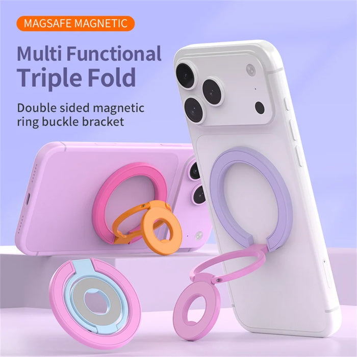 Magnetic Phone Ring Holder Compatible with MagSafe Triple Fold 360 Degrees Rotation Stand Multi-functional Mount - Rose - 7