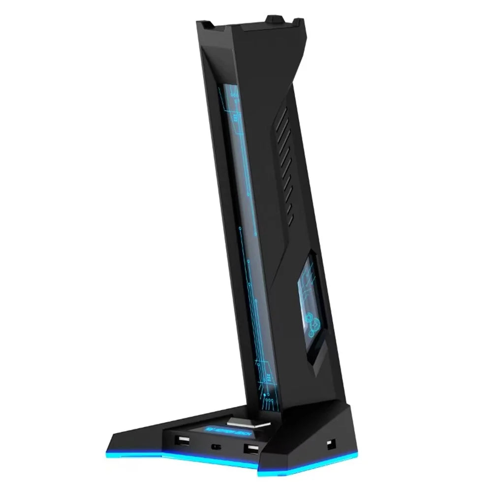H74 RGB Gaming Headphone Stand 4 Port USB Hub Type-C Desk Organizer with LED Light Gaming Headset Display Stand - Black - 1