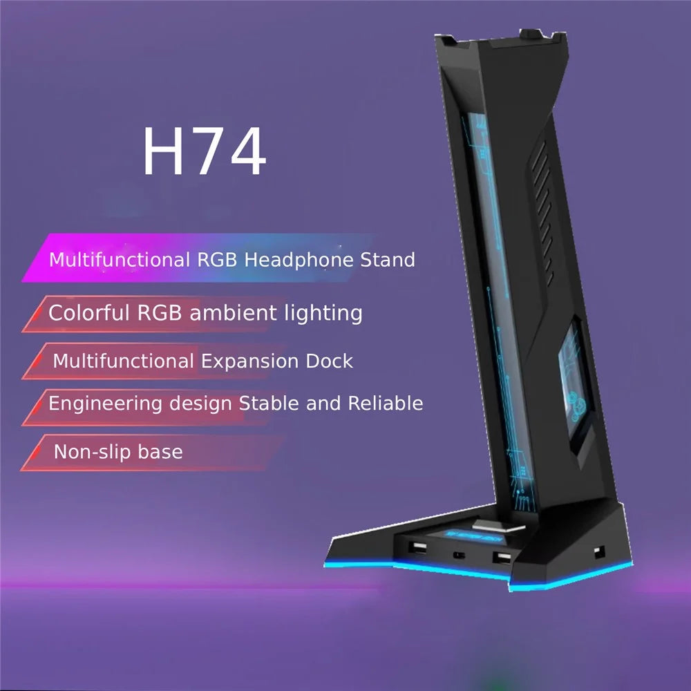 H74 RGB Gaming Headphone Stand 4 Port USB Hub Type-C Desk Organizer with LED Light Gaming Headset Display Stand - Black - 4