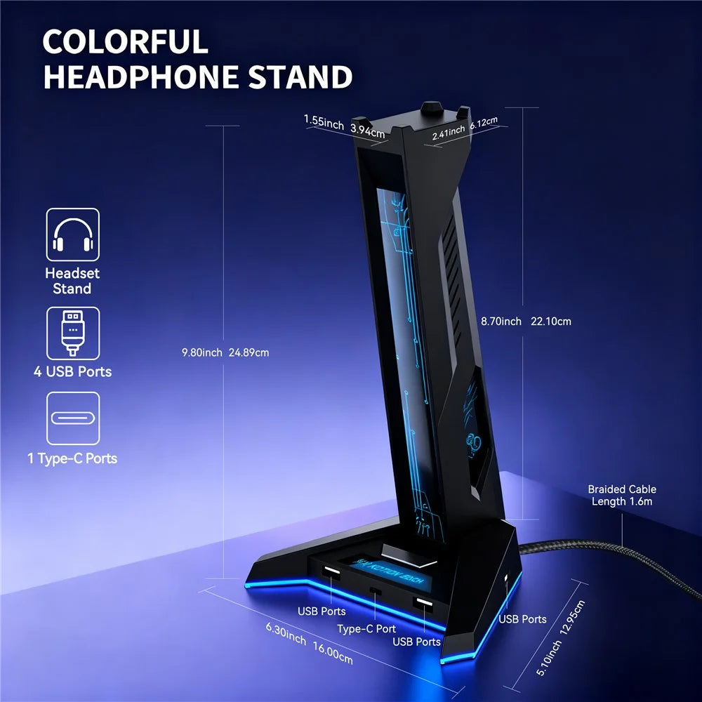 H74 RGB Gaming Headphone Stand 4 Port USB Hub Type-C Desk Organizer with LED Light Gaming Headset Display Stand - Black - 7