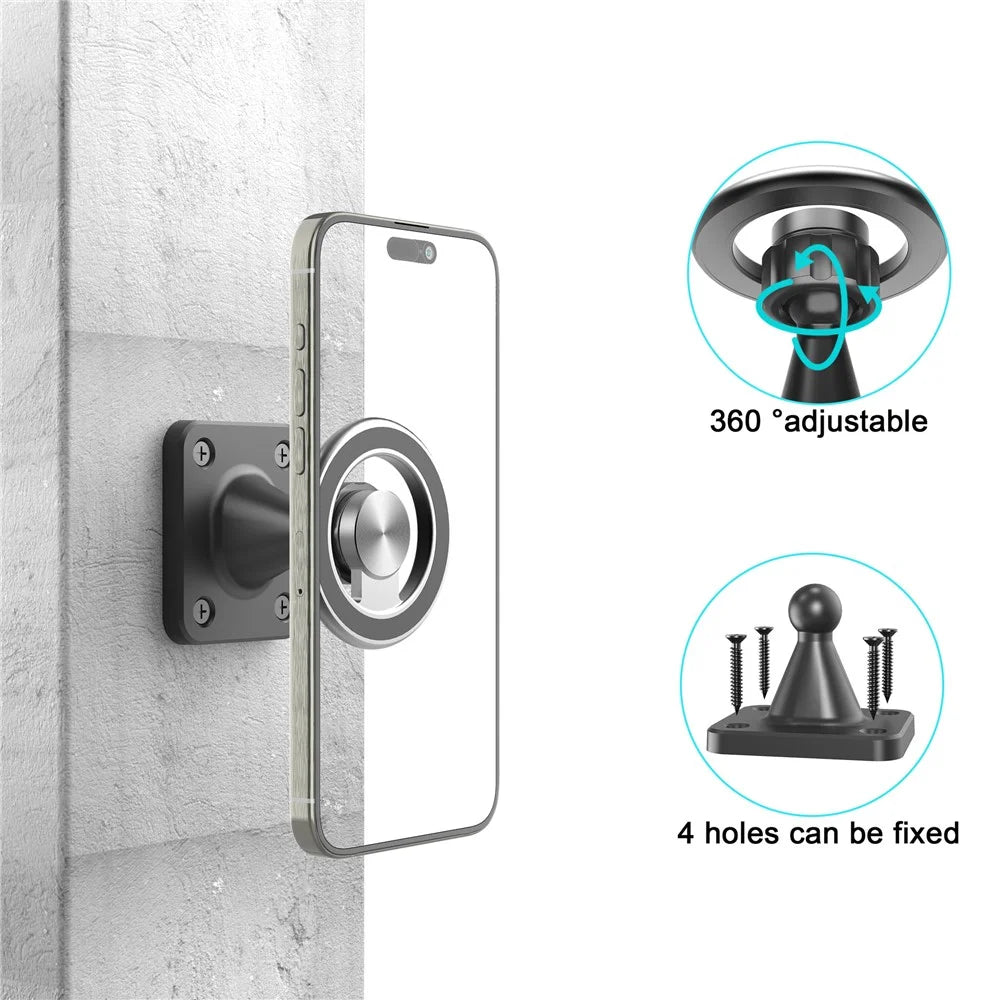 Wall Mounted Double Ring Magnetic Phone Holder 360 Degree Rotation Aluminum Alloy Cellphone Stand - Black - 2
