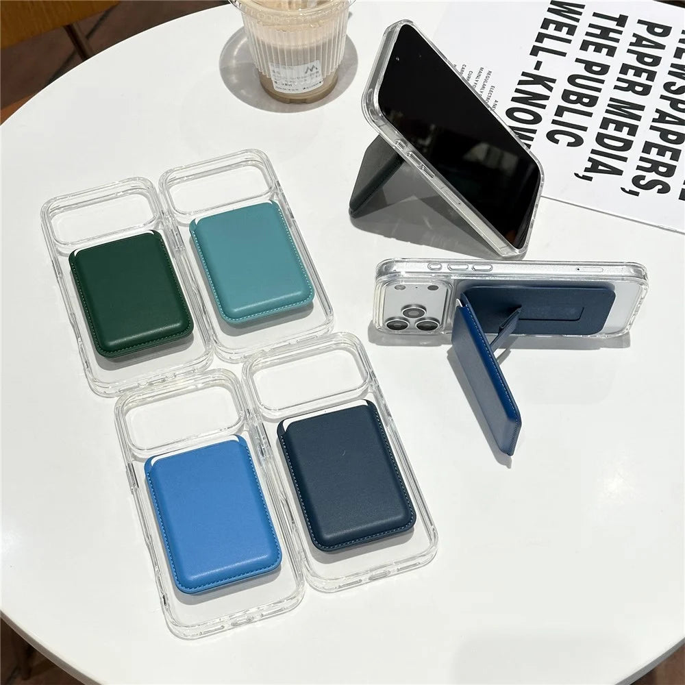 Magnetic Card Holder PU Leather Bifold Wallet Ultra-Slim Phone Stand - Black - 3