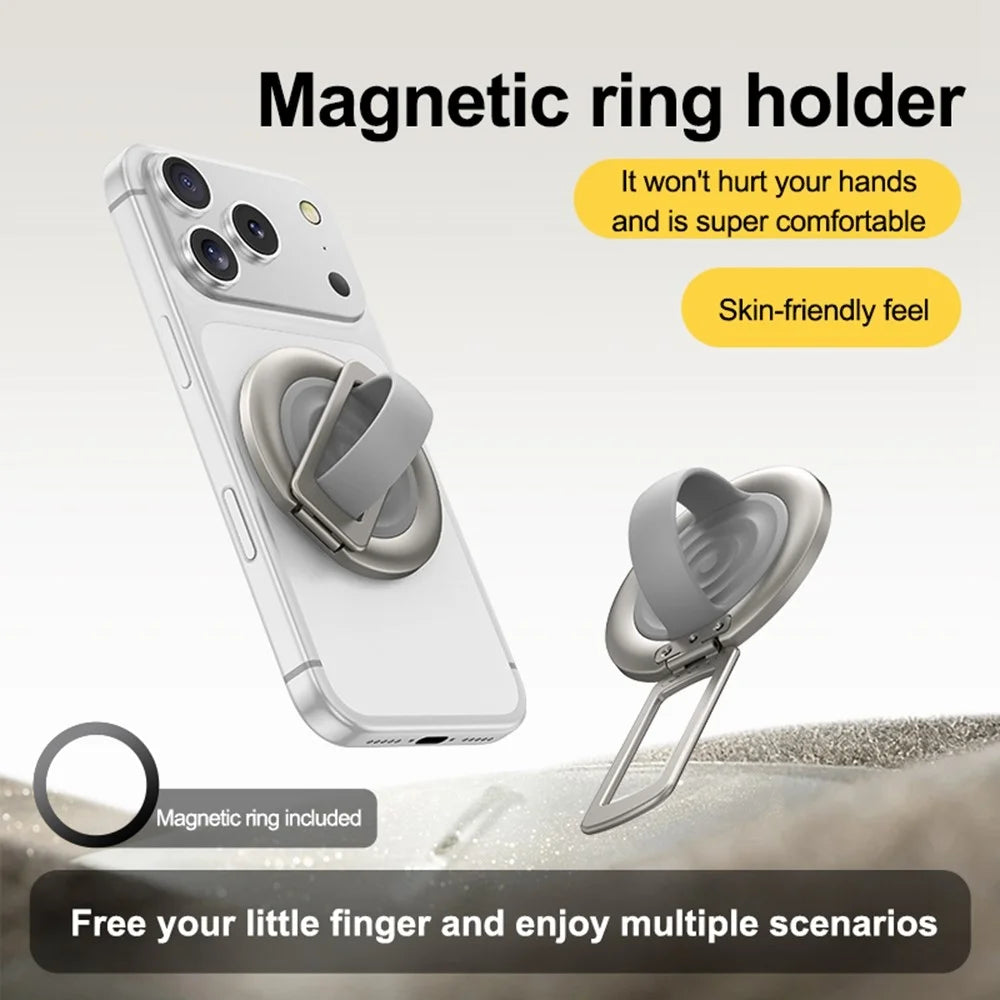 Foldable Magnetic Phone Ring Stand Liquid Silicone Aluminum Rotating Phone Holder for iPhone Android - Grey - 3