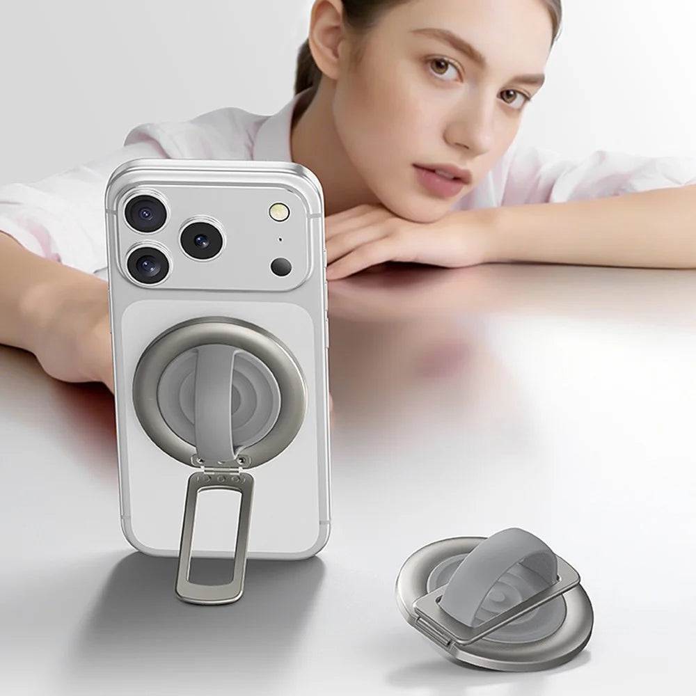 Foldable Magnetic Phone Ring Stand Liquid Silicone Aluminum Rotating Phone Holder for iPhone Android - Grey - 7