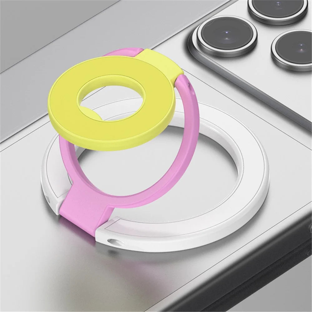 Magnetic Ring Stand Tri-Fold 360° Rotation Finger Ring Phone Kickstand Compatible with MagSafe - White+Pink+Yellow - 2