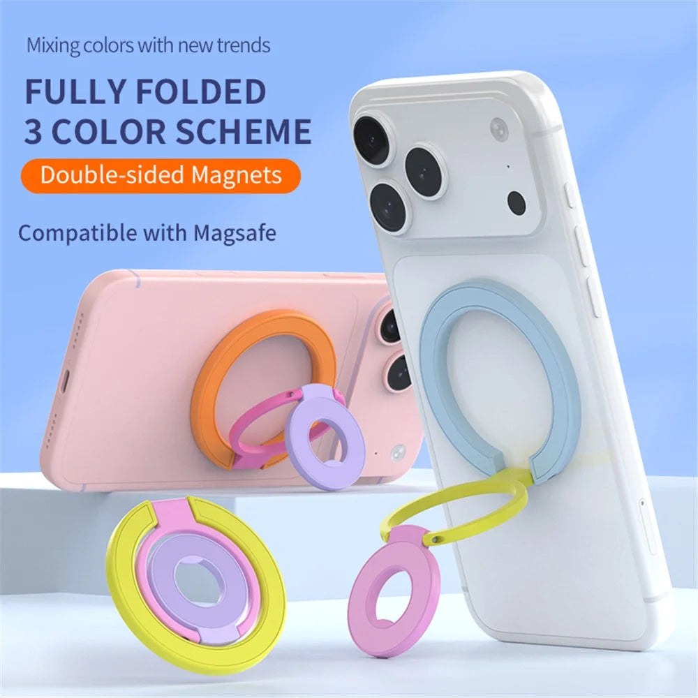 Magnetic Ring Stand Tri-Fold 360° Rotation Finger Ring Phone Kickstand Compatible with MagSafe - White+Pink+Yellow - 3