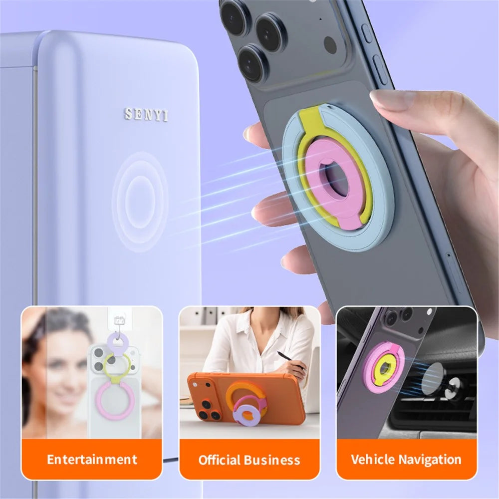 Magnetic Ring Stand Tri-Fold 360° Rotation Finger Ring Phone Kickstand Compatible with MagSafe - White+Pink+Yellow - 6
