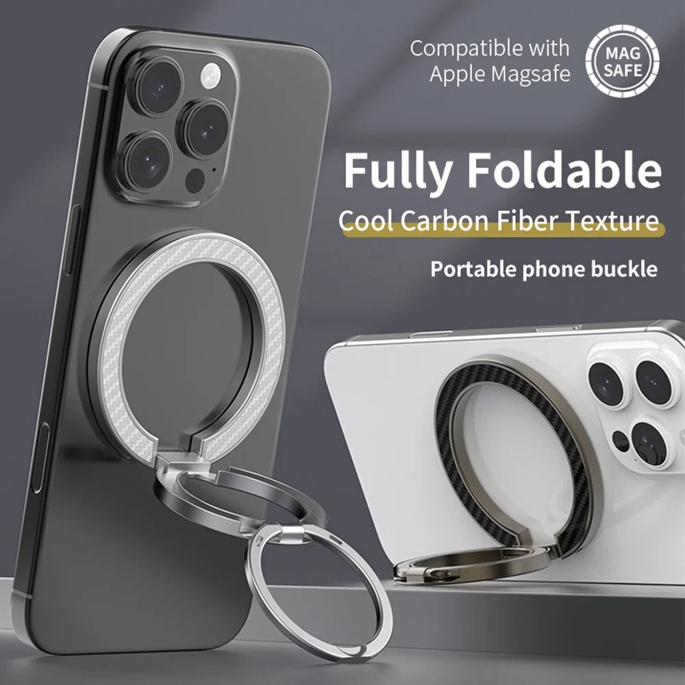 Magnetic Phone Ring Stand Compatible with MagSafe Foldable Carbon Fiber Rotation Finger Grip Holder - Silver - 5