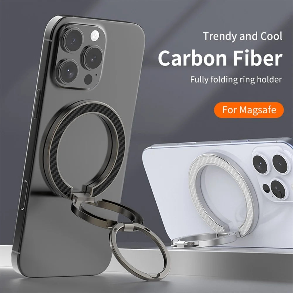 Magnetic Phone Ring Stand Compatible with MagSafe Foldable Carbon Fiber Rotation Finger Grip Holder - Silver - 6