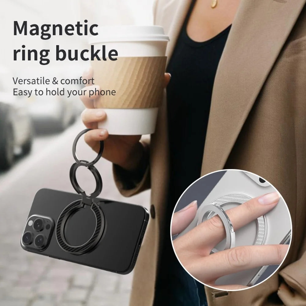 Magnetic Phone Ring Stand Compatible with MagSafe Foldable Carbon Fiber Rotation Finger Grip Holder - Silver - 7