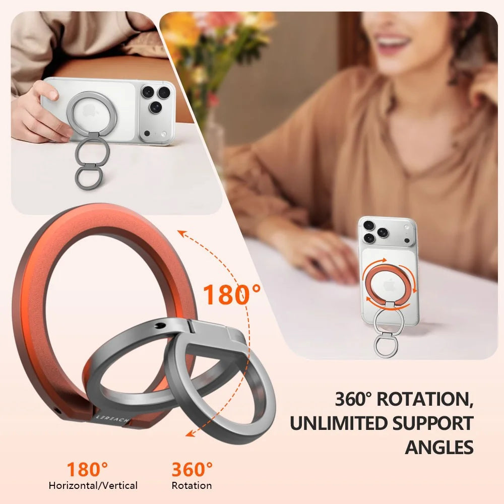LEREACH LRFP-04 Magnetic Phone Ring Stand Triple Ring Rotation Phone Holder Grip - Orange - 7