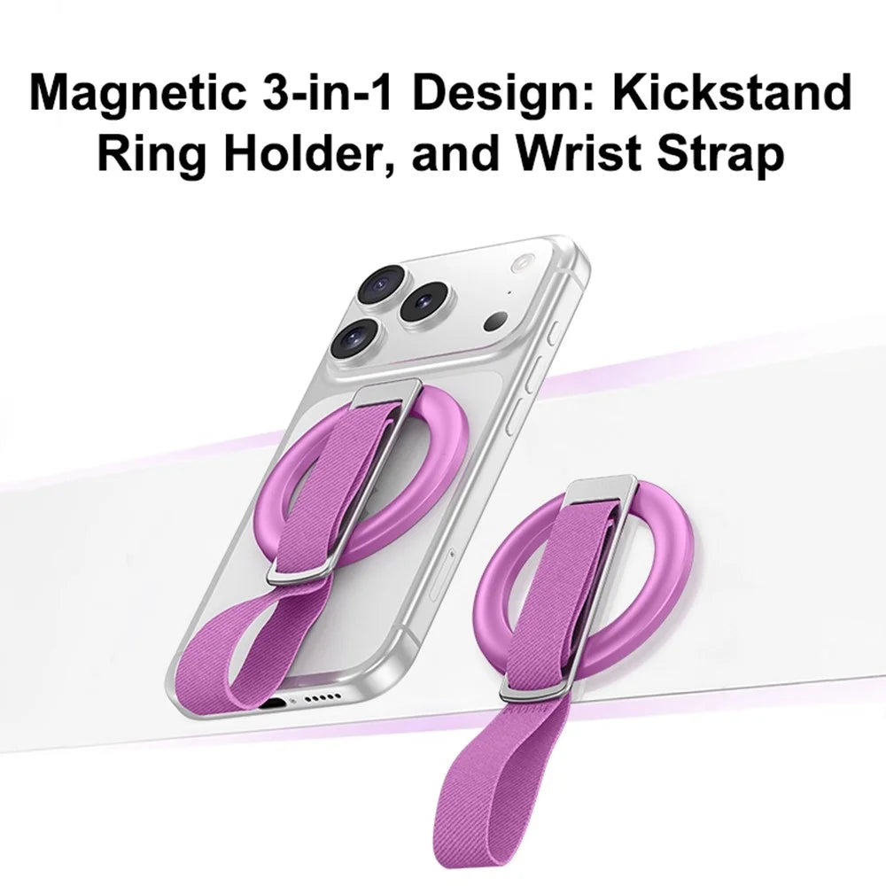 3 in 1 Magnetic Phone Grip Ring Stand for iPhone 12 - 17 Series Woven Strap Kickstand Design - Rose - 4